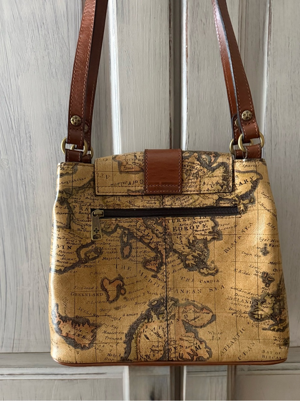 Patricia Nash Tan/Brown Leather Map-Print Shoulder Bag - Picture 2 of 8
